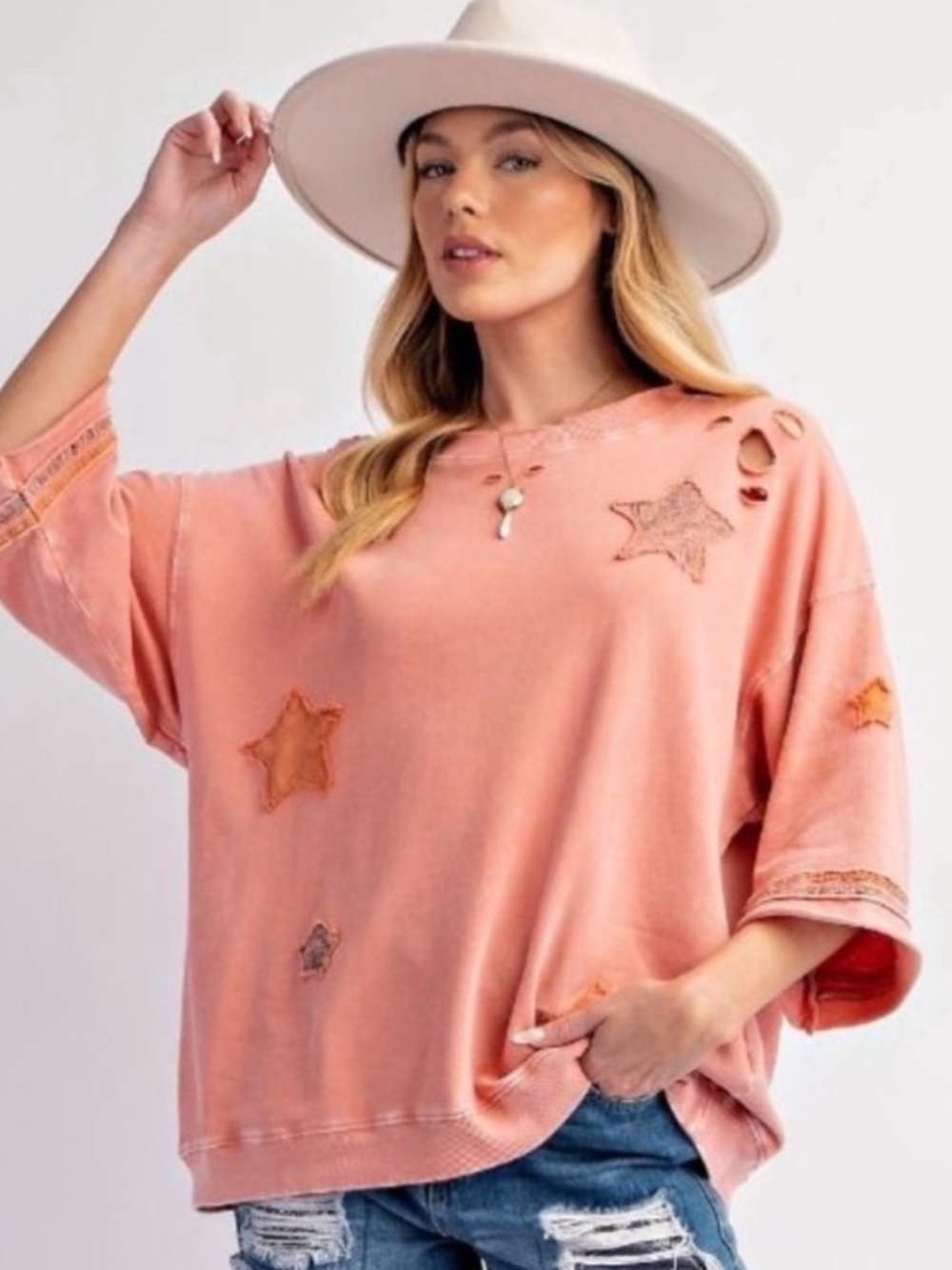 EASEL Star patchwork distressed light Peach Washed Star Detail Short Sleeve Tee